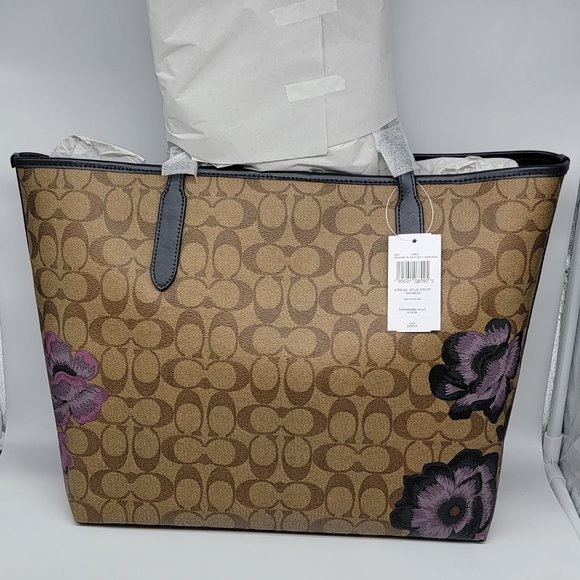 Coach City Tote in Signature Canvas with Kaffe Fassett Print 5697 Khaki Purple - Picture 2 of 8